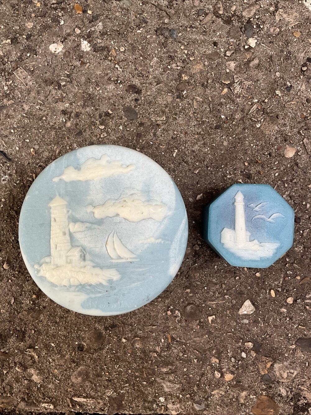 Blue Lighthouse Scene Trinket Box Bundle Soapstone Nautical Beach Made in USA